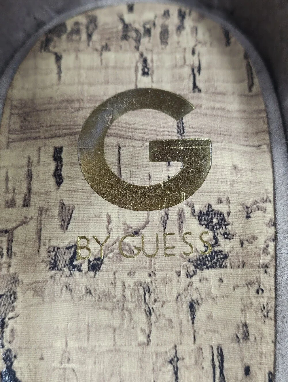 G By Guess Sirrah Beige Taupe Faux Suede Cross Strap Woodgrain Platform Sandal